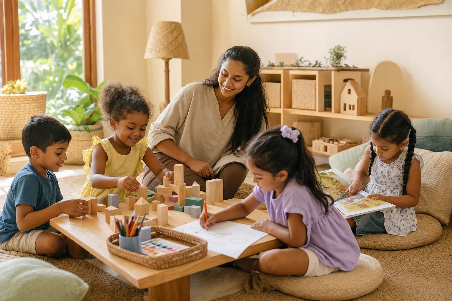 Younger children building, drawing, and reading together during a calm supervised play session