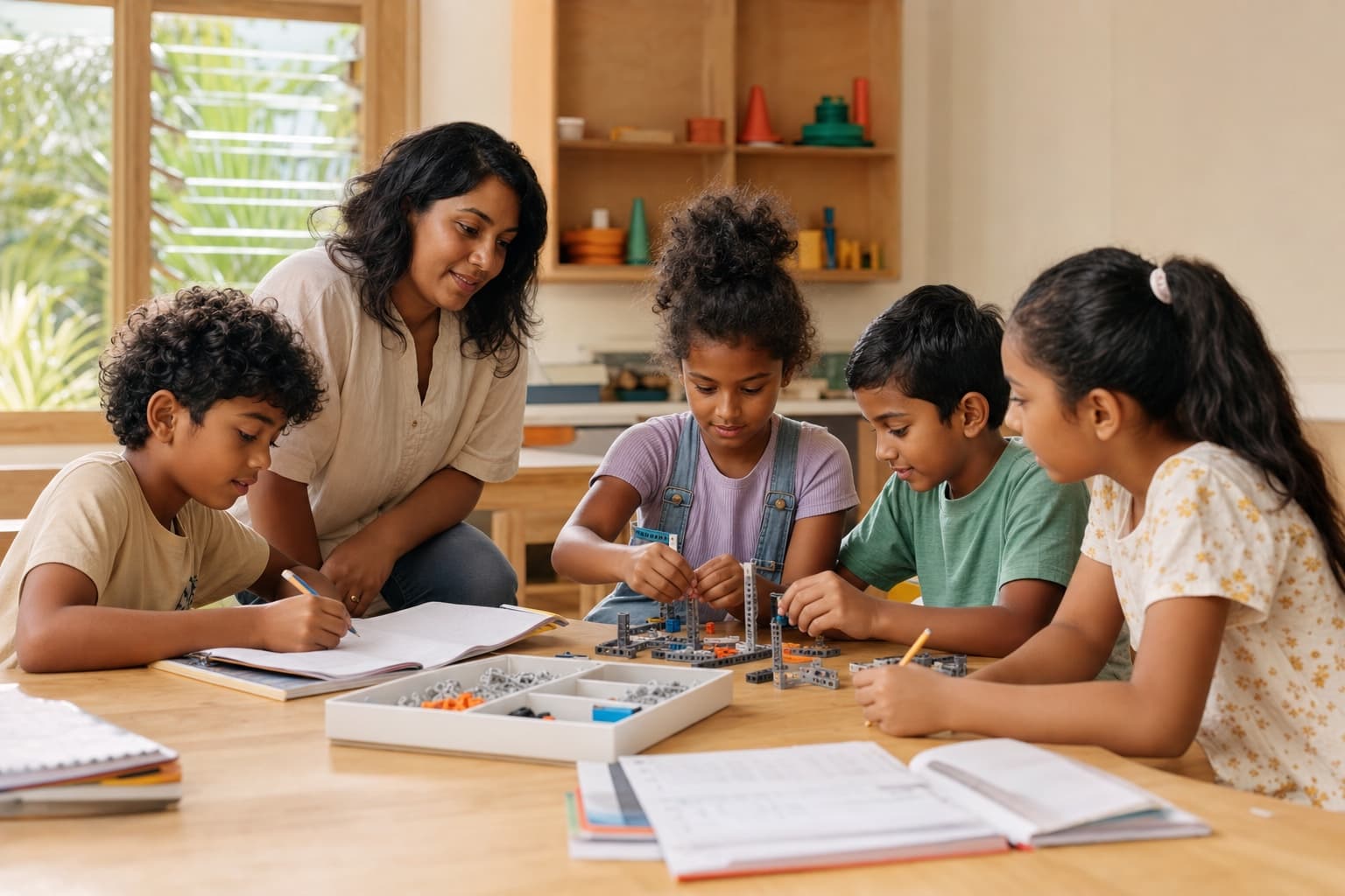 Children receiving guided homework support and building a hands-on project with an after-school mentor