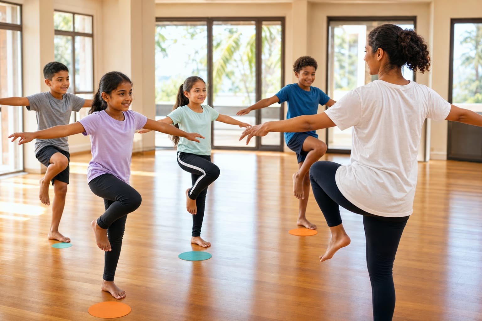 Children following an instructor through a balanced movement activity in a bright studio